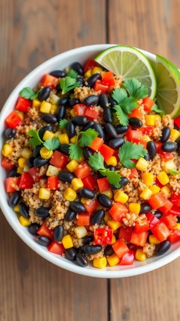 A vibrant Mexican quinoa salad with bell peppers, black beans, corn, and avocado, garnished with cilantro and lime.